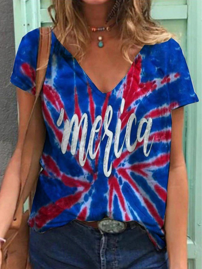 Women Independence Day Clothing Flag Print Short Sleeve T-Shirt-xinru