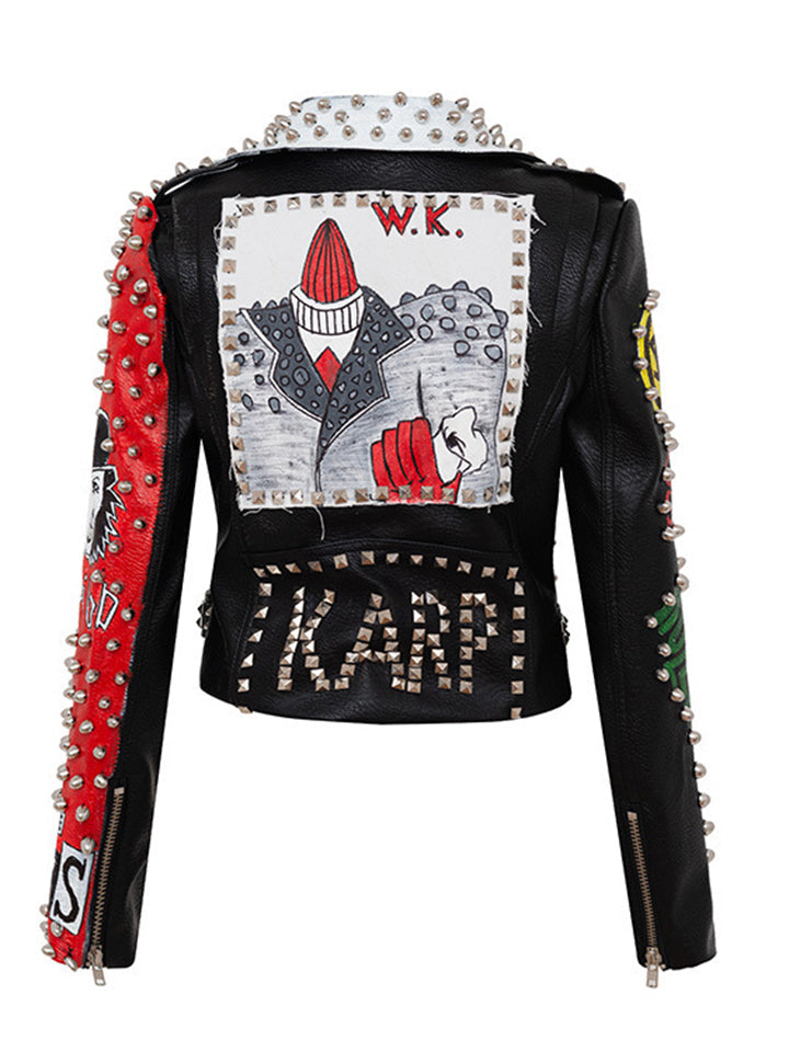 Women Street Style Graffiti Spiked Leather Jacket-xinru