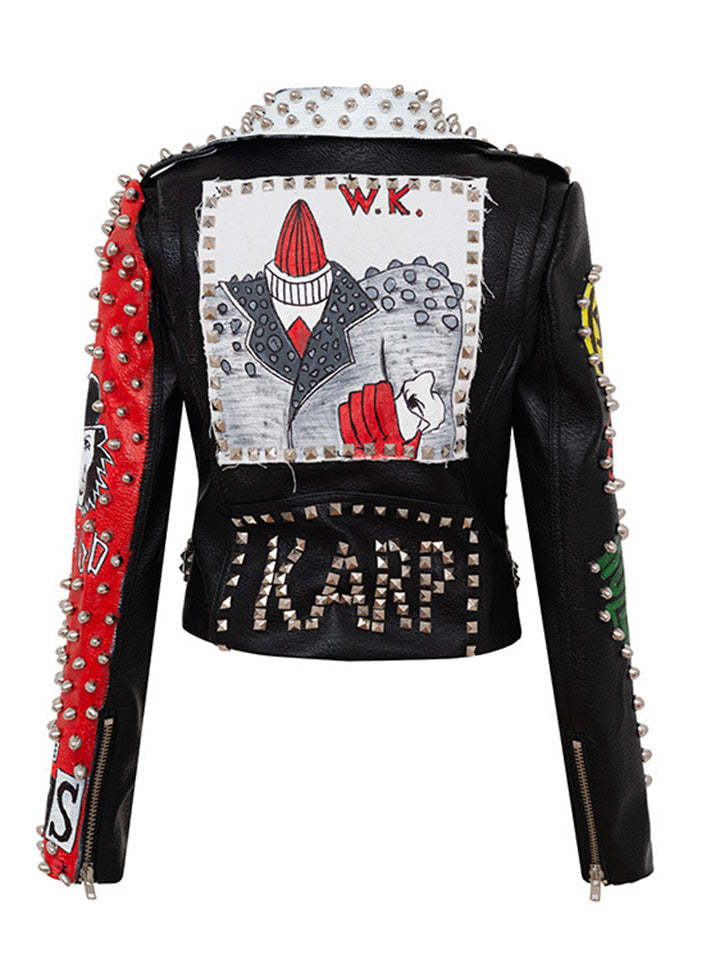 Women Street Style Graffiti Spiked Leather Jacket-xinru
