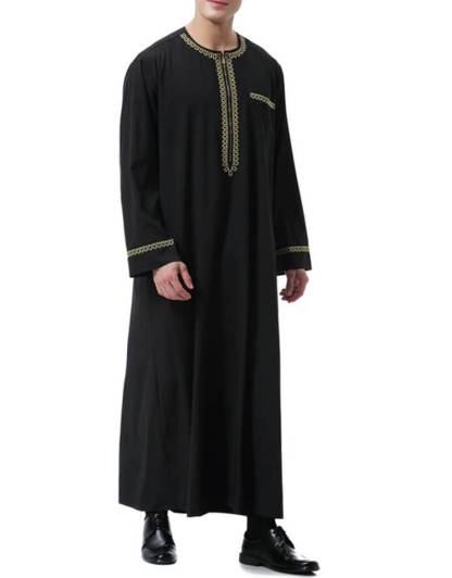 Men Round Neck Linen  Long Sleeve Muslim Islamic Clothing-xinru