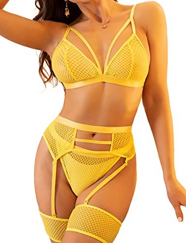 Women's 4 Pieces Exotic Lingerie Set Strappy Fishnet Lingerie Lace Bra and Panty Sets High Waisted Mesh Underwear-xinru shop