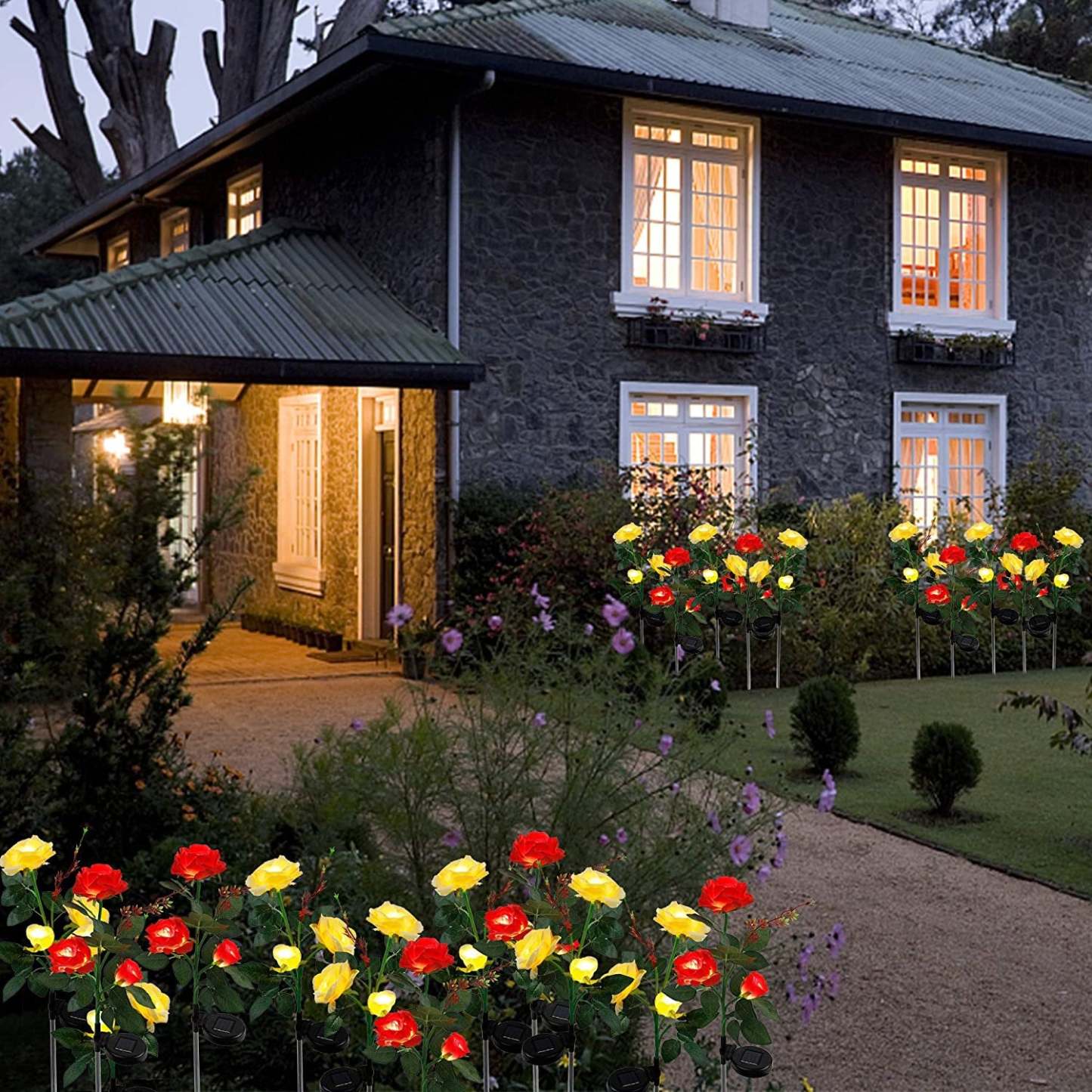 2 Packs Solar Rose Flower Stake Lights With 6 Rose Flowers-xinru