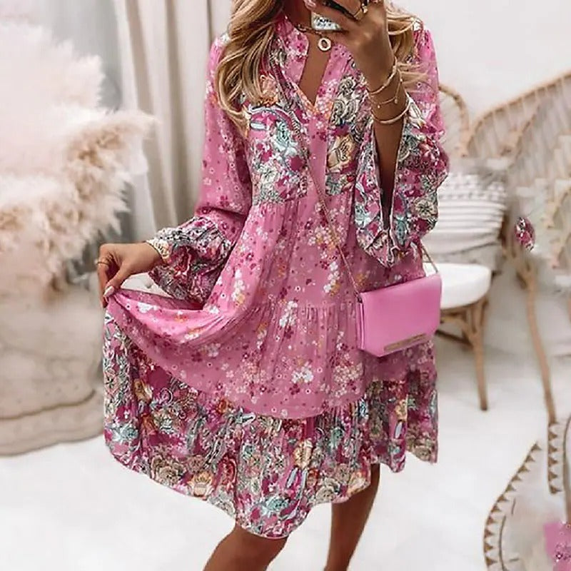 Women's Dress Long Sleeves Floral Gathered Ruffle Print V Neck Casual Boho Flare-xinru
