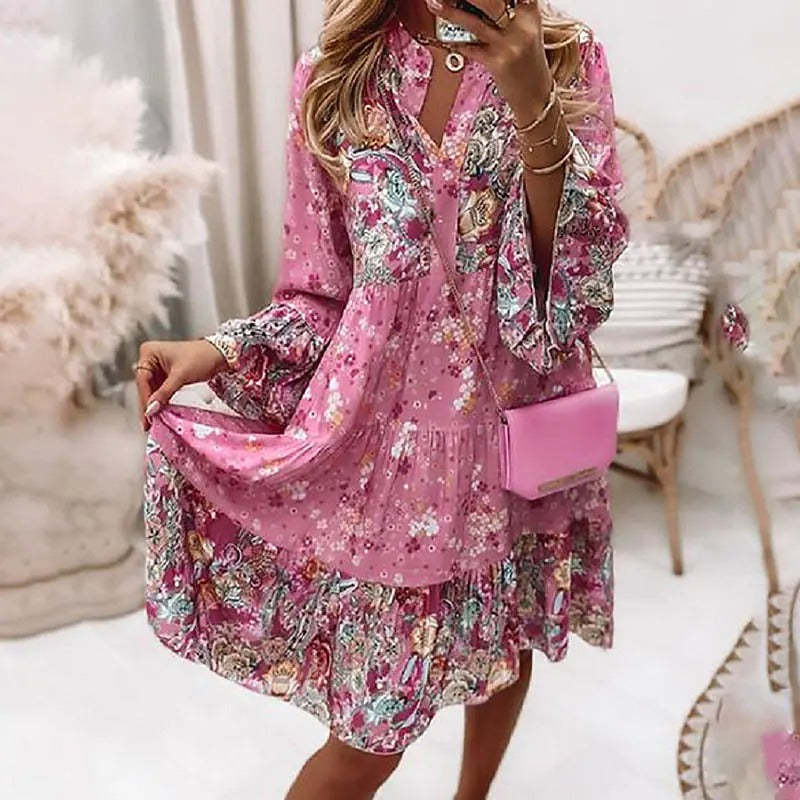 Women's Dress Long Sleeves Floral Gathered Ruffle Print V Neck Casual Boho Flare-xinru