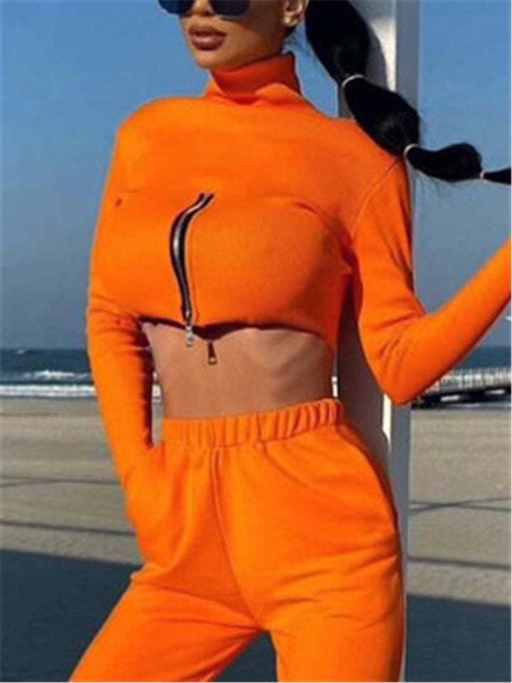 Women High Neck Sexy Zipper Solid Color Crop Tops-xinru