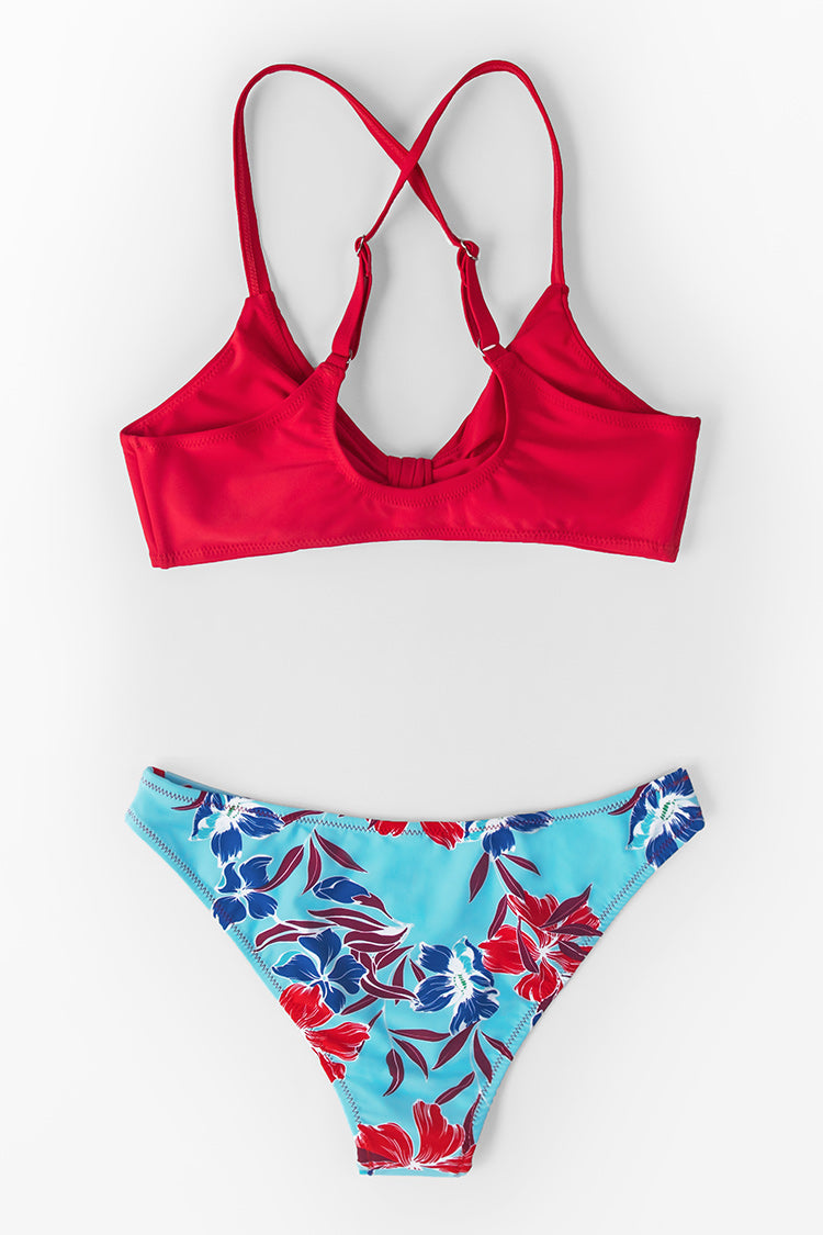 Red And Floral Print Low Rise Bikini-xinru