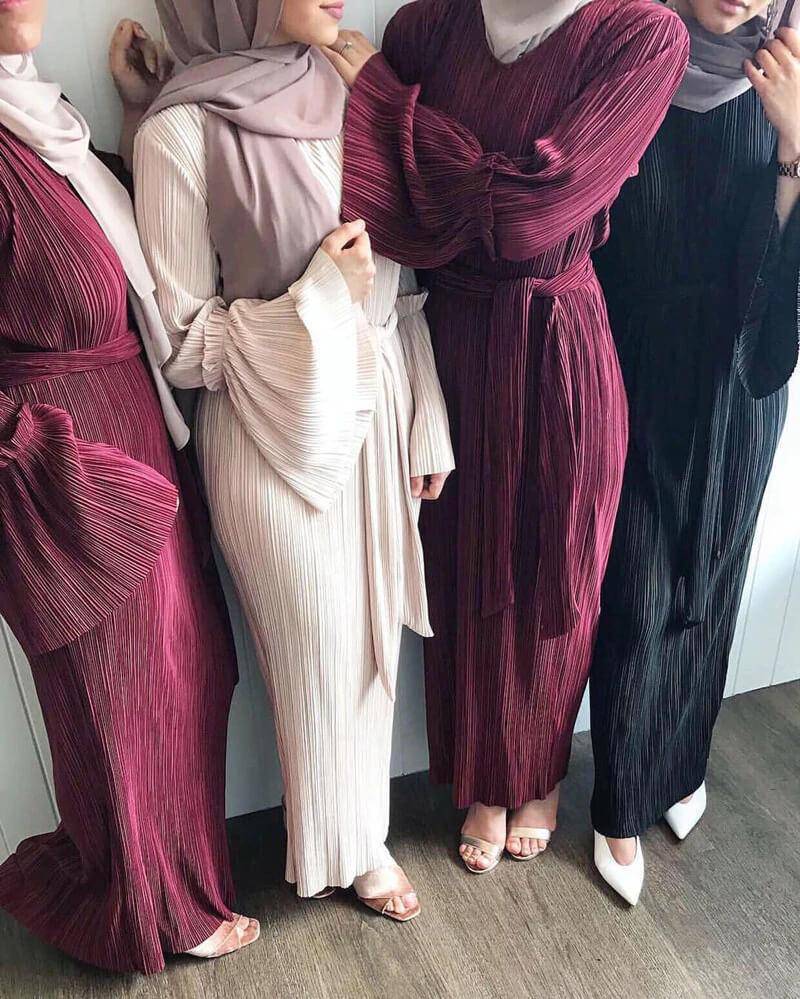 Women's Belt Pleated Robe Muslim Dress-xinru