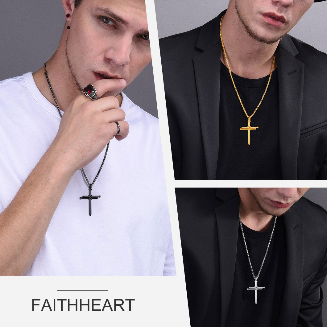 Nail Cross Necklace Stainless Steel Cross Pendant with 24'' Chain For Men-xinru