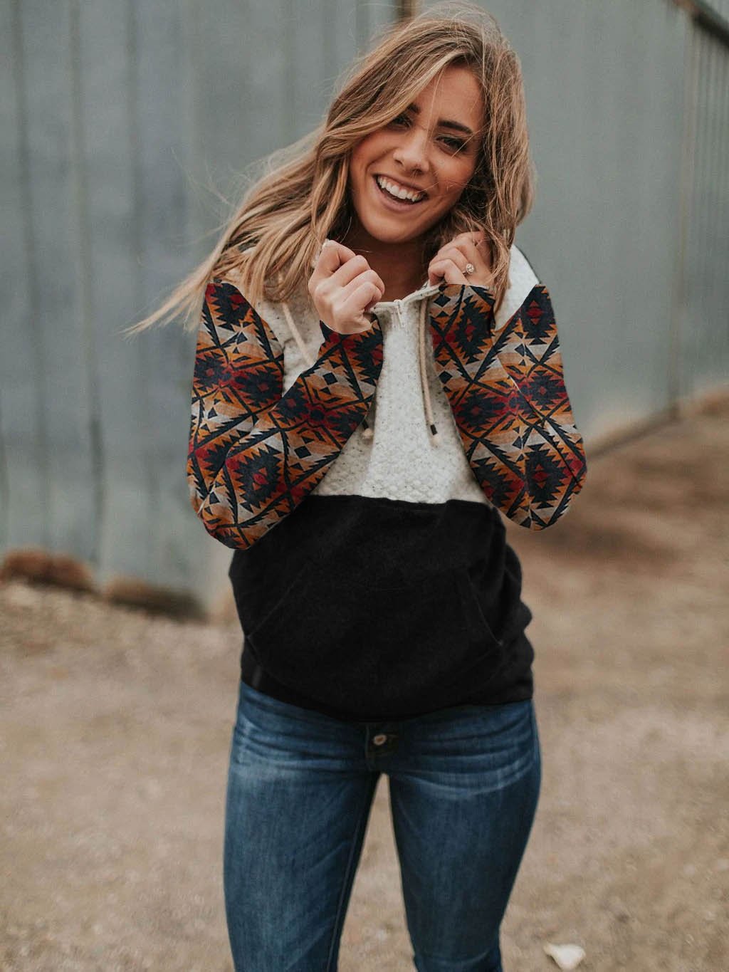 Women's Yellowstone Western Print Hood Collar Colorblock Pocket Sweatshirt-xinru shop