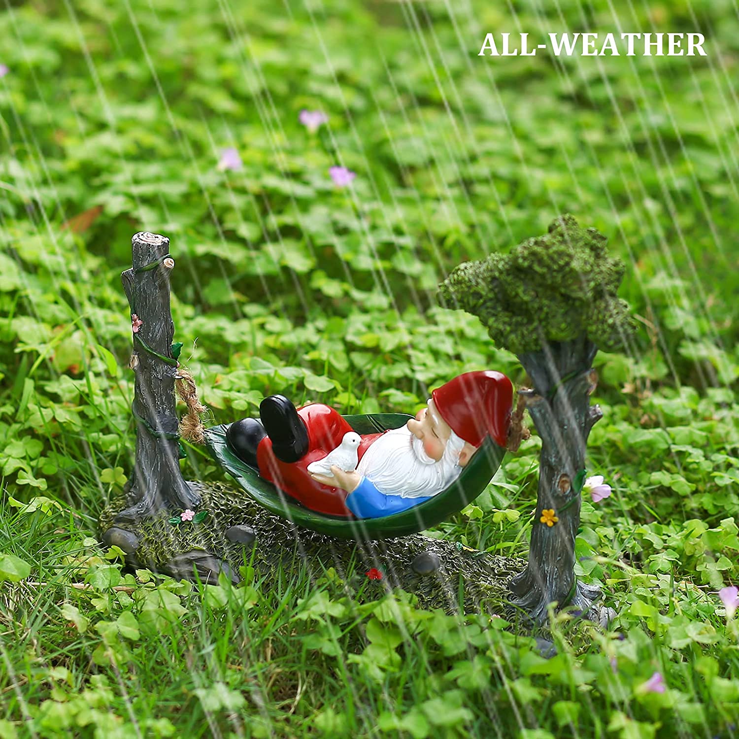 Garden Gnome Statue Lying In Hammock Hanging From Tree-xinru