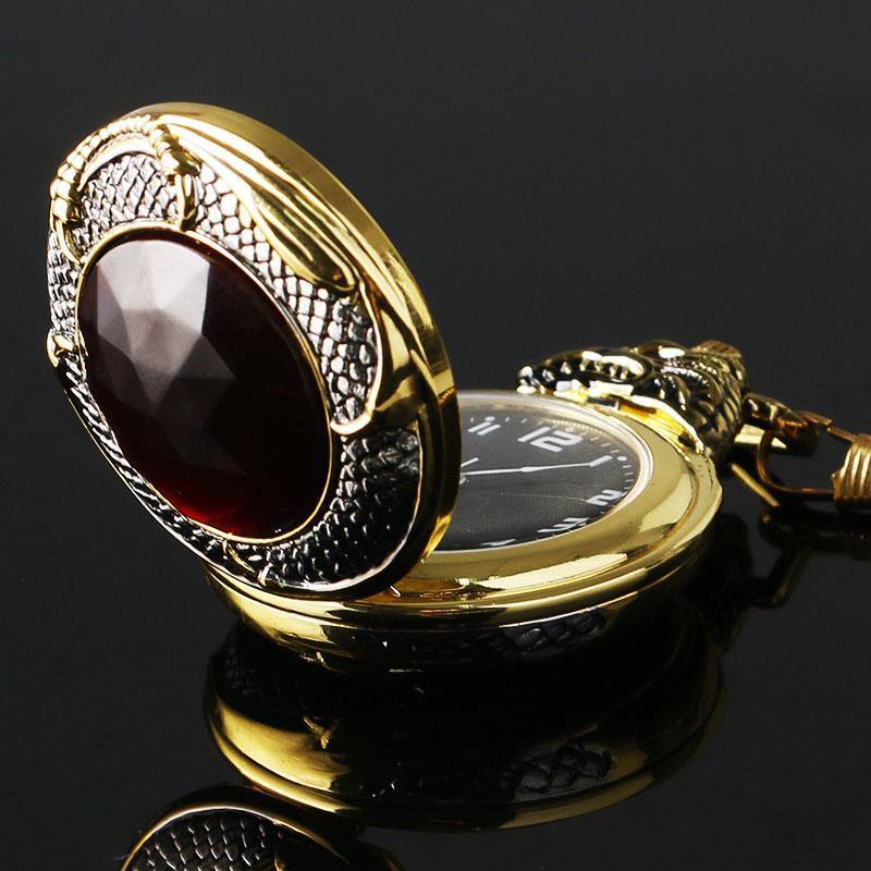 Red Garnet Inset Gold Tone Cover Pocket Watch Luxury Evil Dragon Quartz Clock-xinru