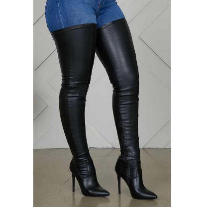 Thigh High Boots Stiletto Heels Plus Size Stretch PU Leather Boot-xinru