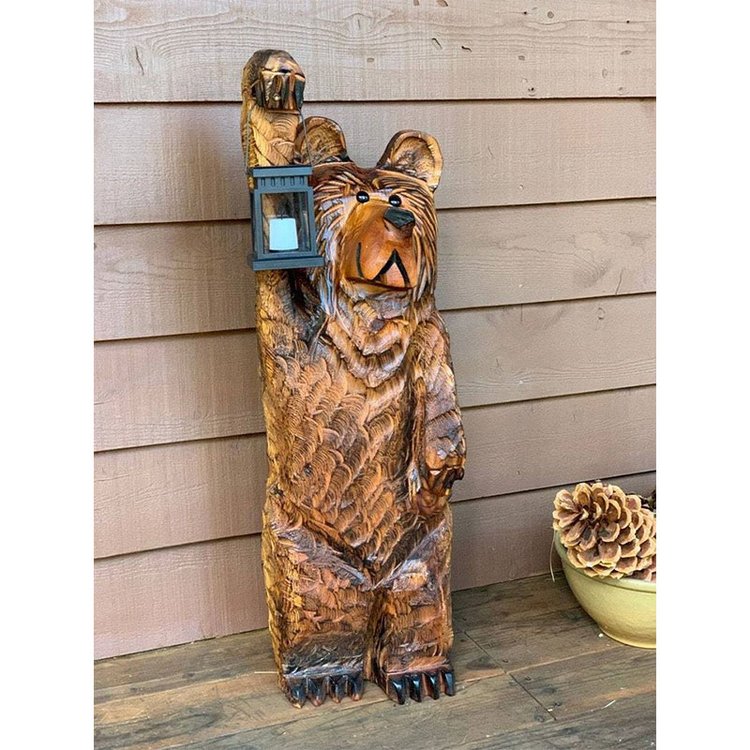 Cedar Carved Bear Chainsaw Carving with Solar Lantern-xinru