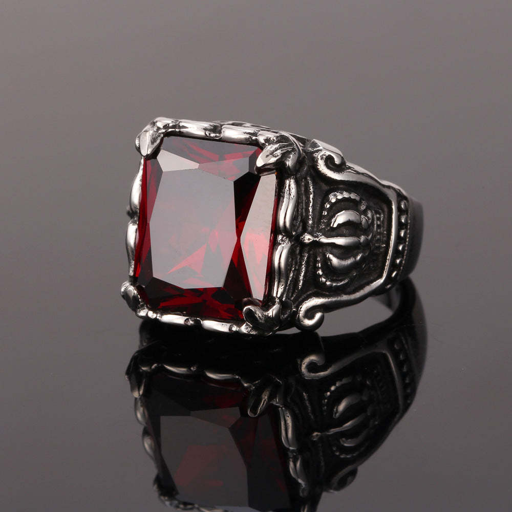 Vintage Stainless Steel Ruby Crystal Crown Ring For Men-xinru