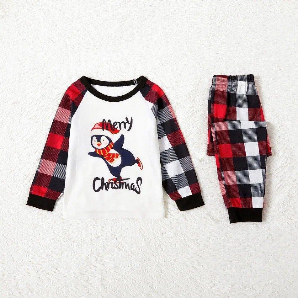 Plus Size Christmas Penguin on Sleigh and Letter Print Family Matching Raglan Long-sleeve Plaid Pajamas Sets-xinru shop