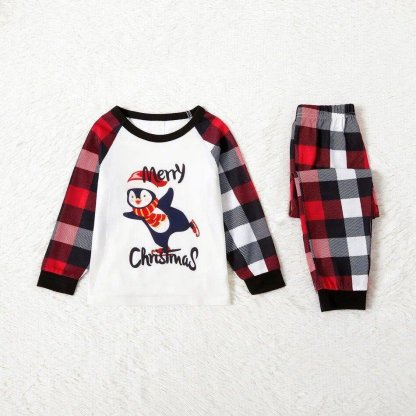 Plus Size Christmas Penguin on Sleigh and Letter Print Family Matching Raglan Long-sleeve Plaid Pajamas Sets-xinru shop
