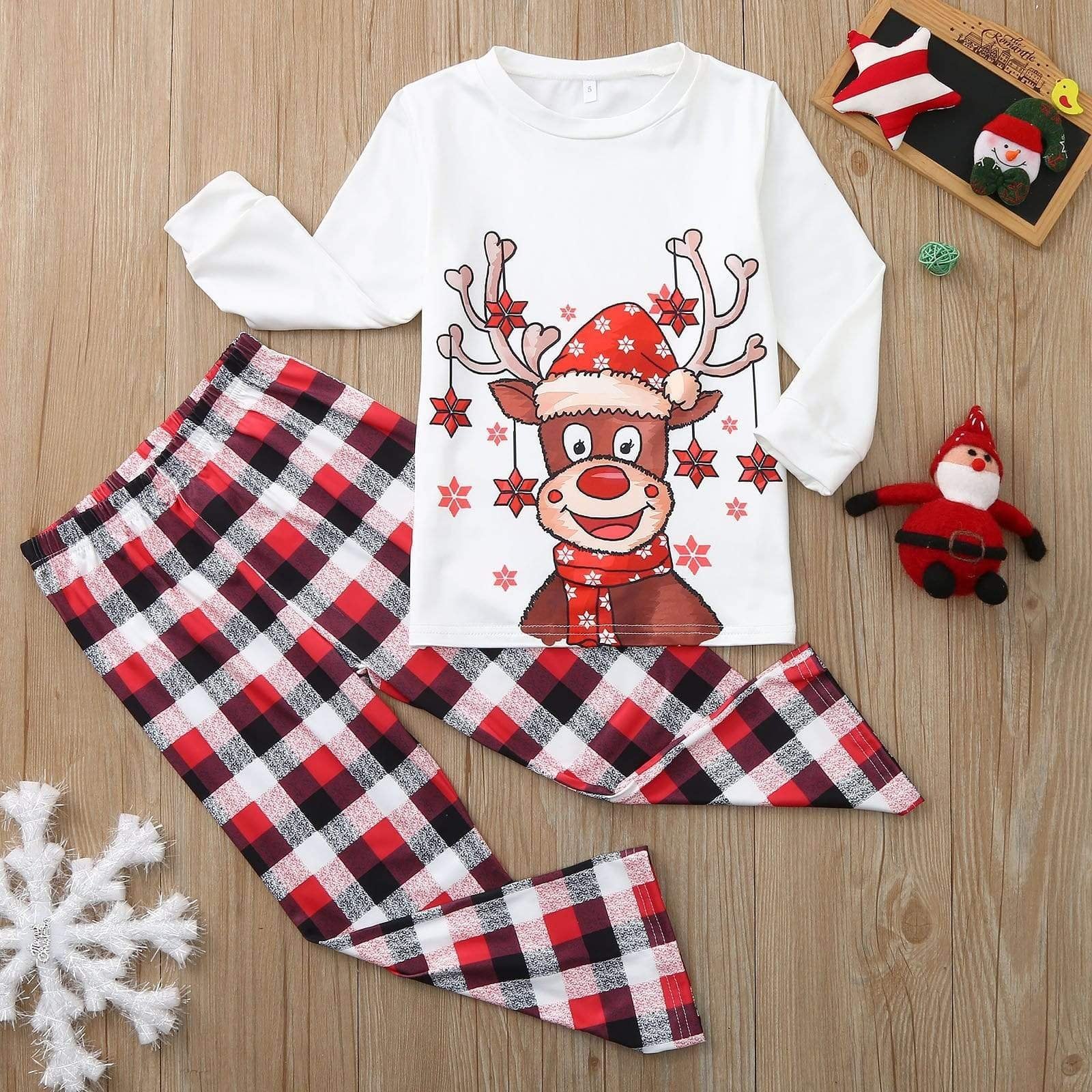 Plus Size Christmas Deer Cartoon Print Plaid Matching Pajamas Set for Family LongSleeve-xinru shop