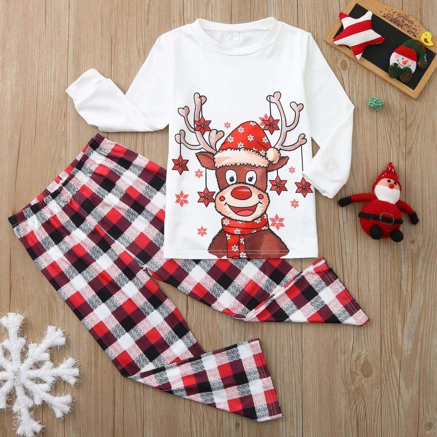 Plus Size Christmas Deer Cartoon Print Plaid Matching Pajamas Set for Family LongSleeve-xinru shop