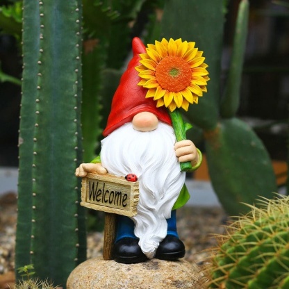 Garden Gnomes Statue With Solar Lights Figurines Holding Welcome Sign-xinru