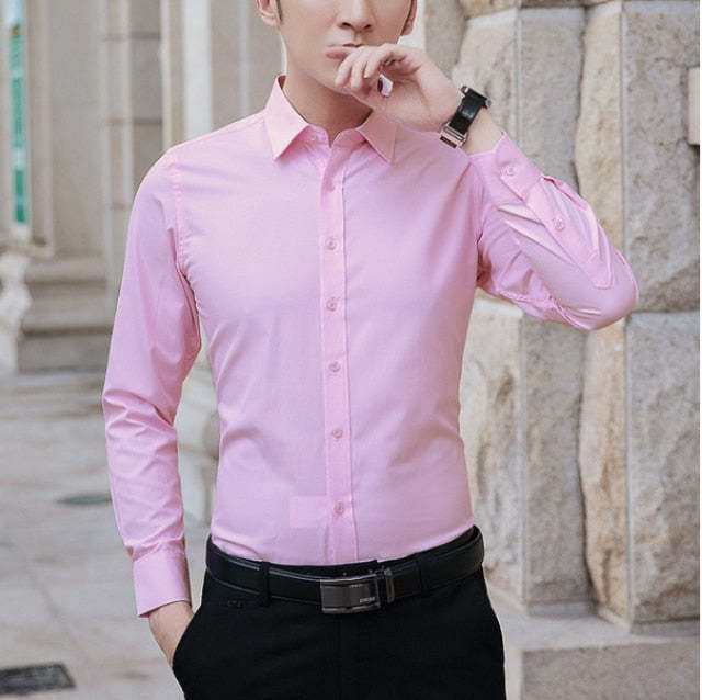 Men High Stretch Non-iron Anti-wrinkle Long Sleeve Business Standard Shirt-xinru