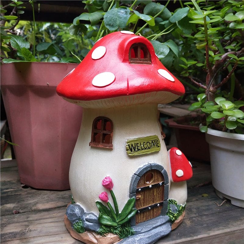 Solar Light Mushroom House Resin Micro Landscape Bonsai Garden Ornament-xinru