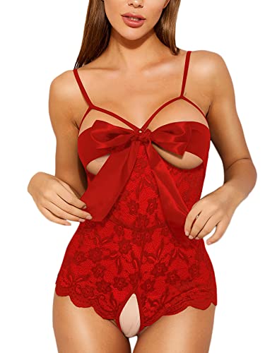 Romwe Women's Self Knot Front Teddy Lingerie One Piece Floral Lace Bodysuit Babydoll-xinru