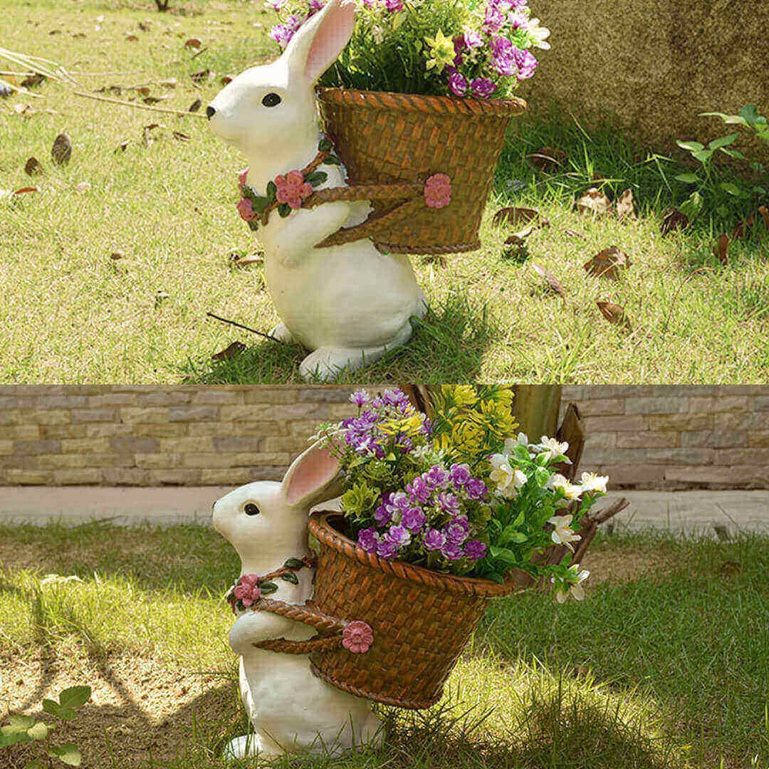 Woven Backet With Cute Rabbit Plastic Sculpture Flower Pot Home Decor-xinru