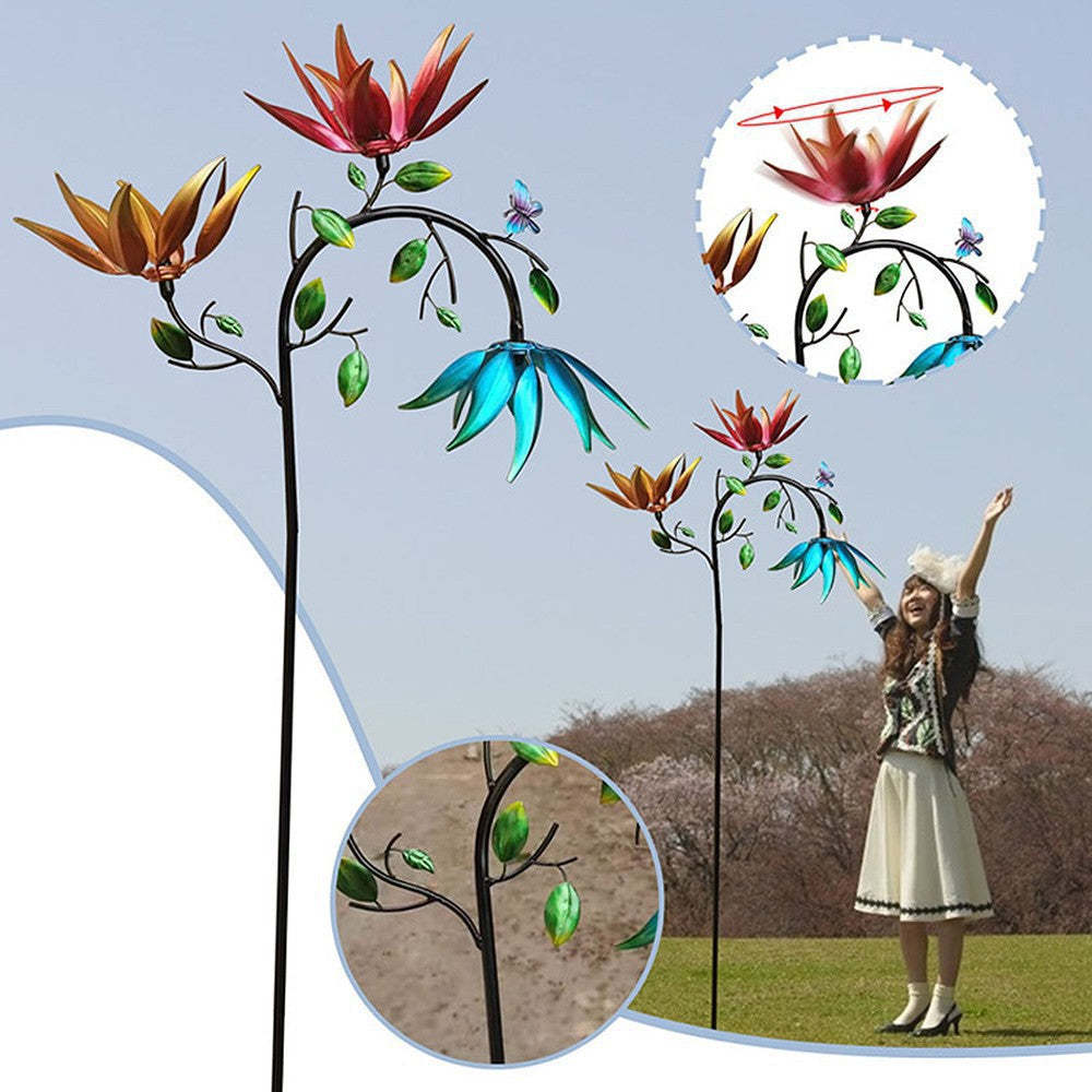 Large Metal Wind Spinner with Three Spinning Flowers And Butterflies-xinru