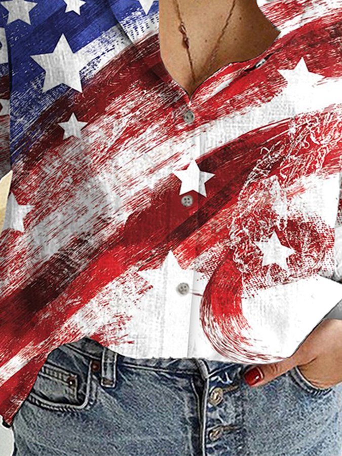 Women Independence Day Clothing Fashion Long Sleeve Printed Shirt-xinru