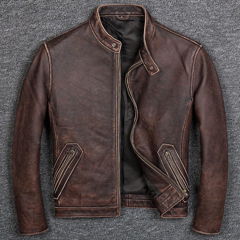 Stand-up Collar Slim-fit Leather Biker Jacket-xinru shop