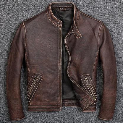 Stand-up Collar Slim-fit Leather Biker Jacket-xinru shop