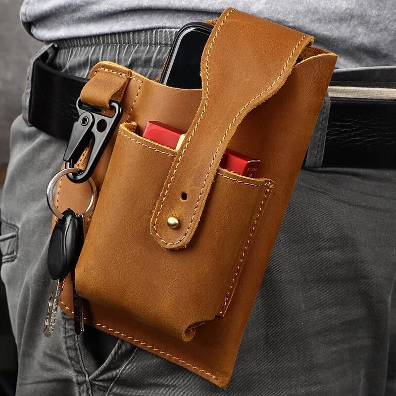 Vintage Outdoor Activity Genuine Leather Waist Phone Bag With Keychain-xinru