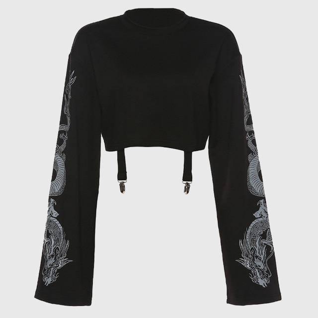 Women Midriff-baring Sweatershirt Dragon Print Sleeve Crop Tops With Chains-xinru