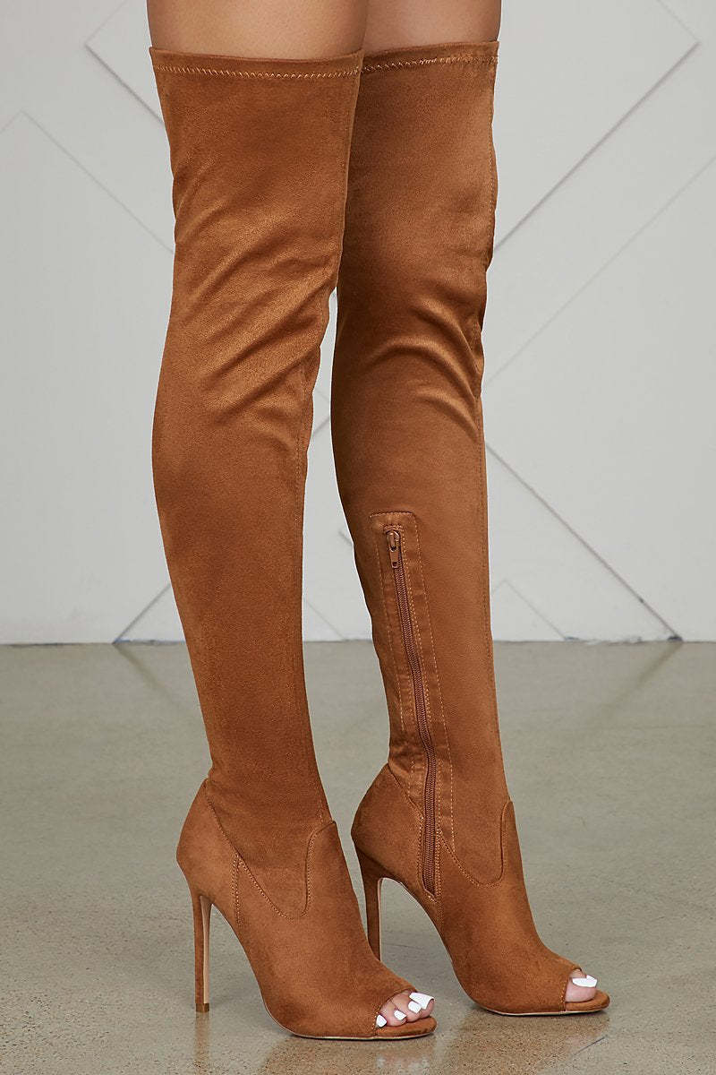 Thigh High Peep Toe Soft Suede Boots Over the Knee Stiletto - Brown-xinru
