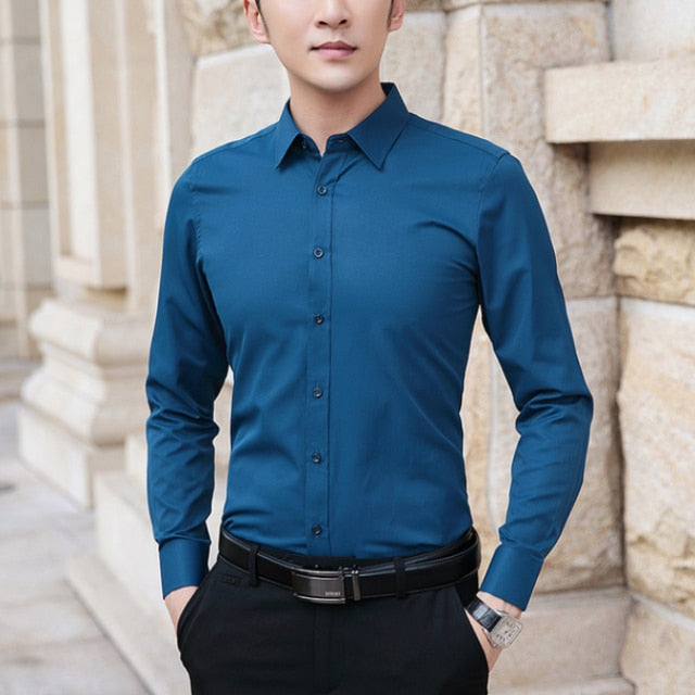 Men High Stretch Non-iron Anti-wrinkle Long Sleeve Business Standard Shirt-xinru