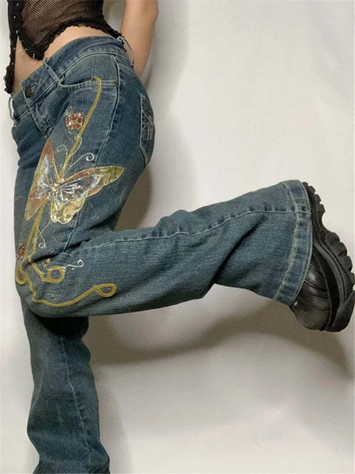 Women Low Waisted Retro Butterfly Print Denim Jeans-xinru