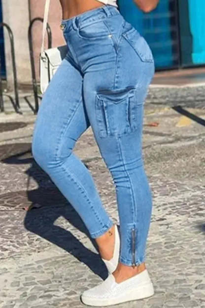 Flap Pocket Zipper Side Skinny Jeans-xinru