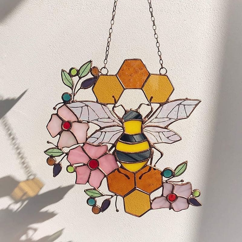 Honeycomb Stained Glass Window Bee Hanging Ornament Garden Decor-xinru