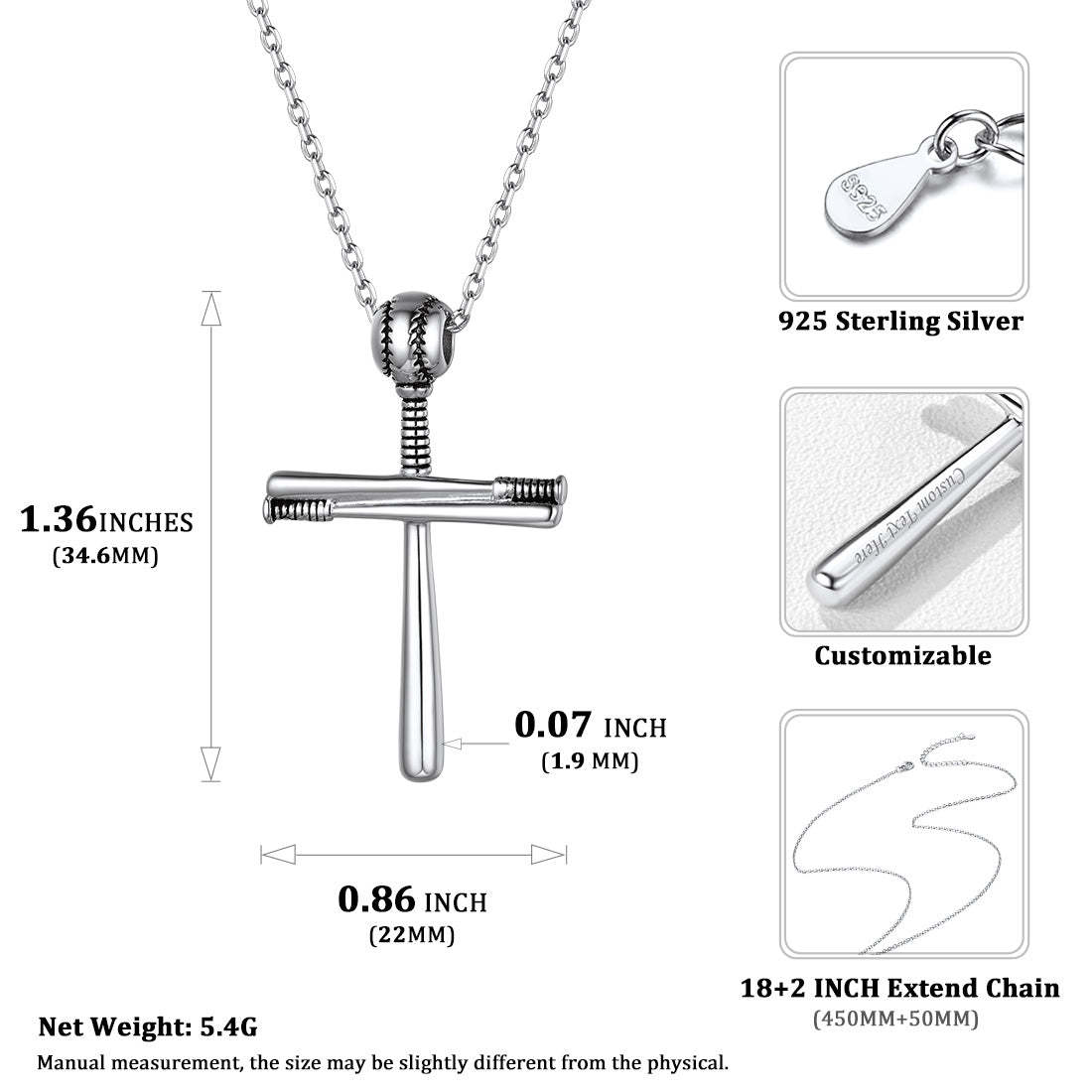 Sterling Silver Baseball Bat Cross Necklace Pendant-xinru