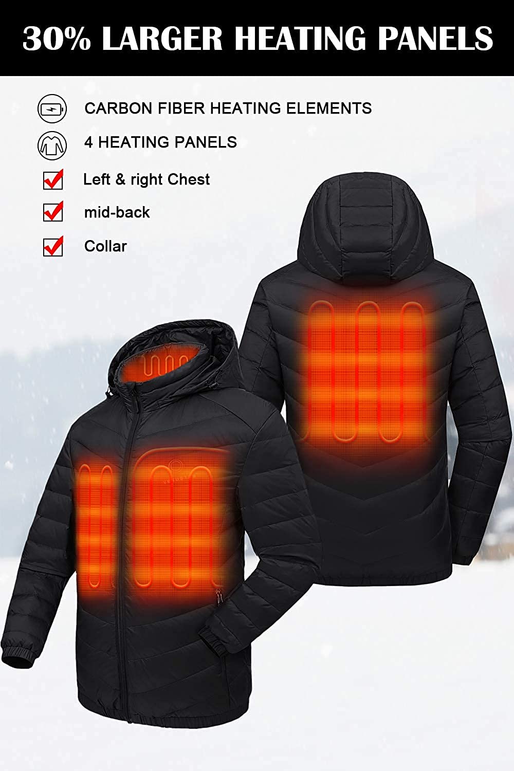 Men's Down Heated Jacket with Battery Pack 7.4V and Detachable Hood-xinru shop