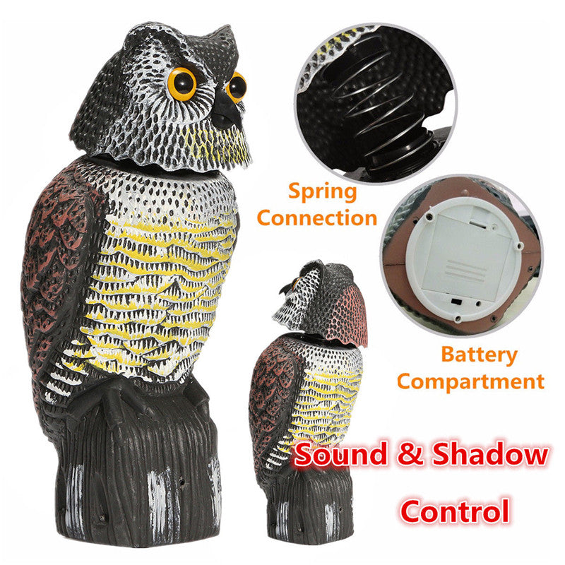 Realistic Owl Decoy Bird Scarer Rotating Head w/ Sound Prowler Repellent Pest-xinru