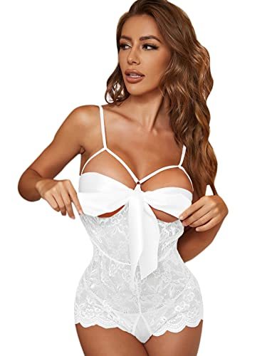 Romwe Women's Self Knot Front Teddy Lingerie One Piece Floral Lace Bodysuit Babydoll-xinru