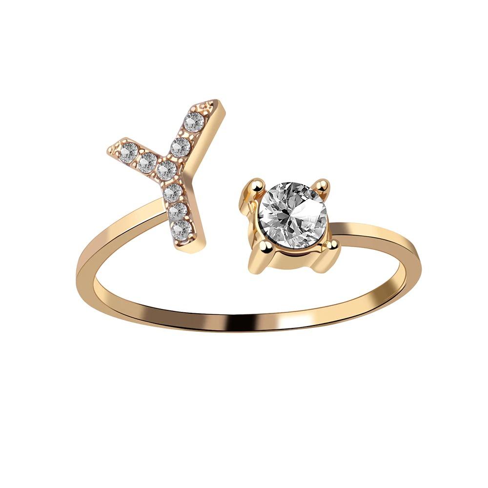 Golden Adjustable A-Z Personalized Initial Letter with Rhinestone Rings-xinru