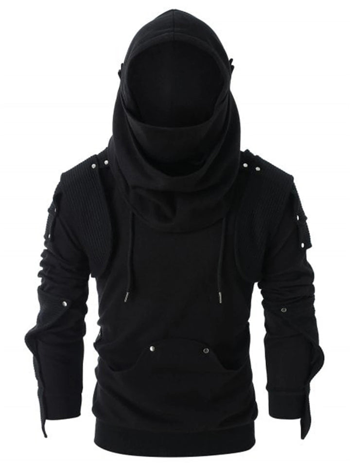 Man Rivet Long Sleeve Drawstring Pullover Black Hoodie-xinru