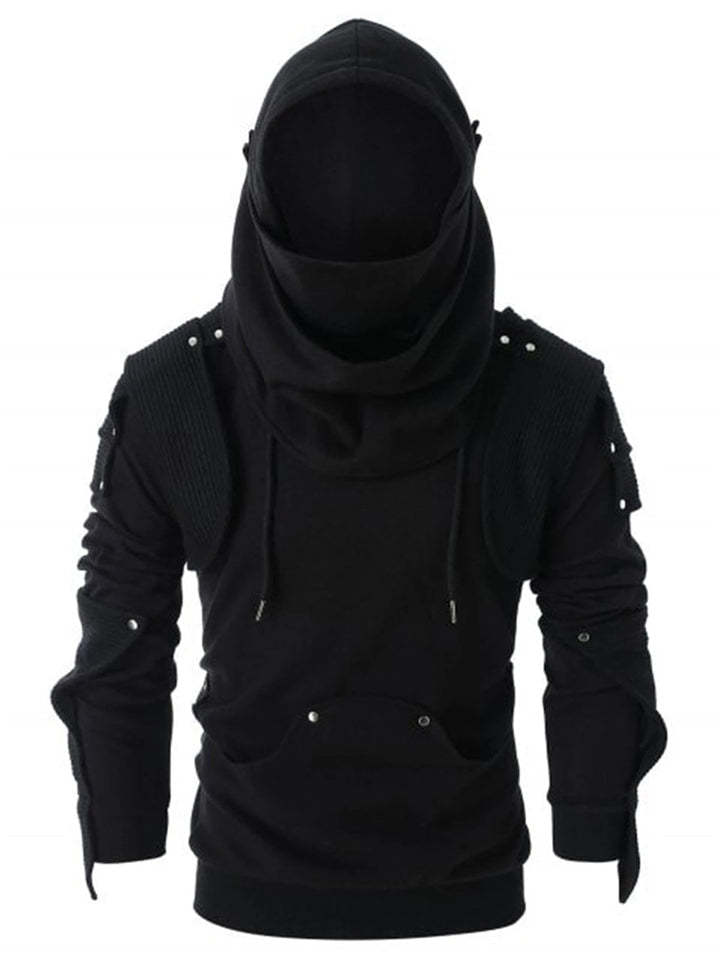 Man Rivet Long Sleeve Drawstring Pullover Black Hoodie-xinru