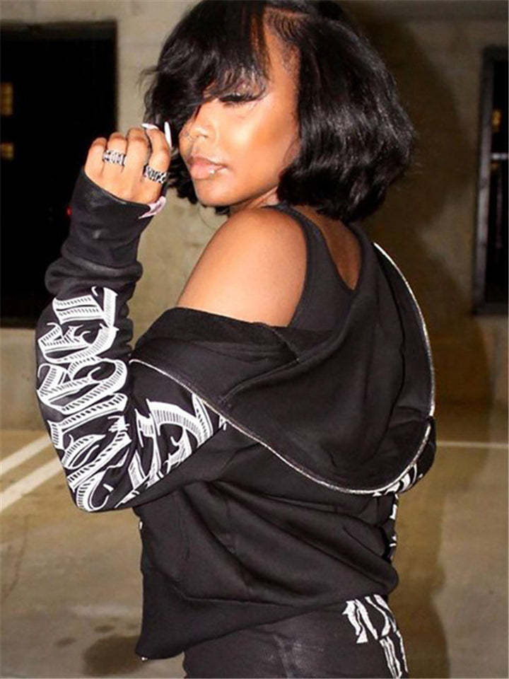 Women Zip Up Hoodie Streetwear Letters Printed Sweatshirts-xinru