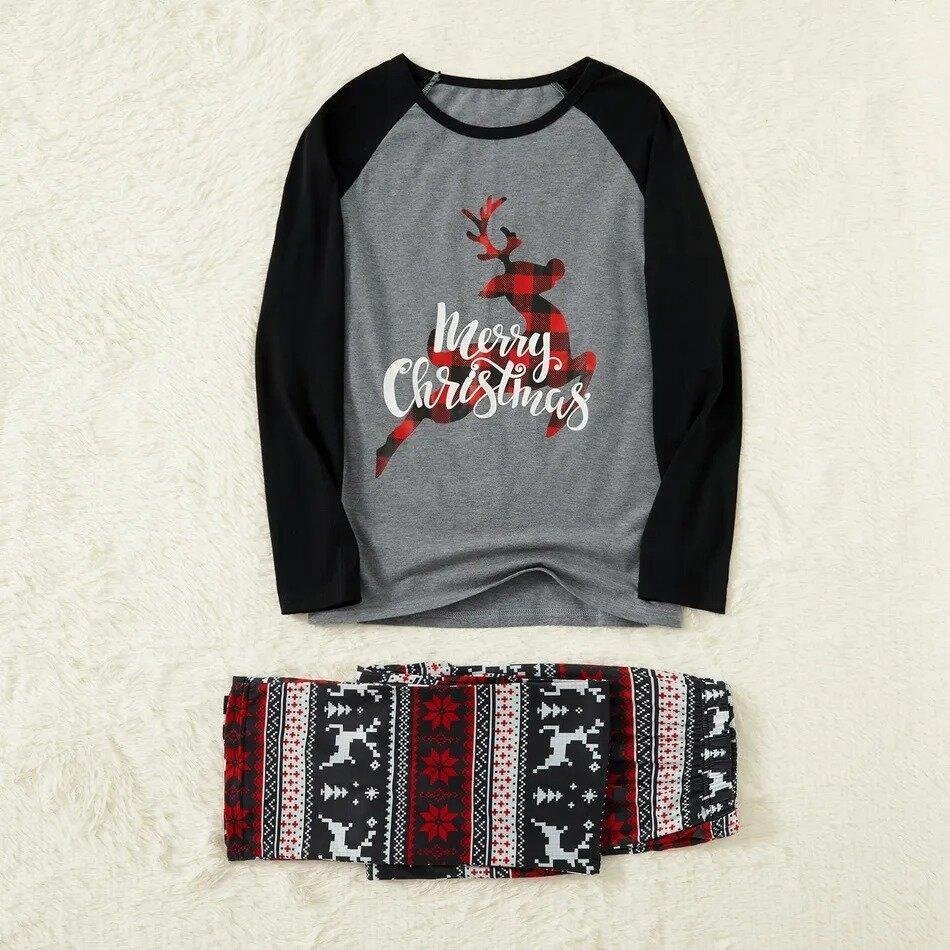 Plus Size Christmas Plaid Reindeer and Letter Print Grey Family Matching Raglan Long-sleeve Plus Size Pajamas Sets-xinru shop
