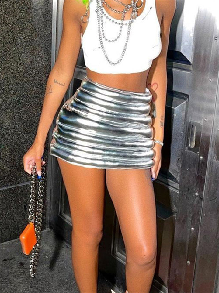Women Fashion Street Style High Waist Silver Stretch Punk Skirts-xinru