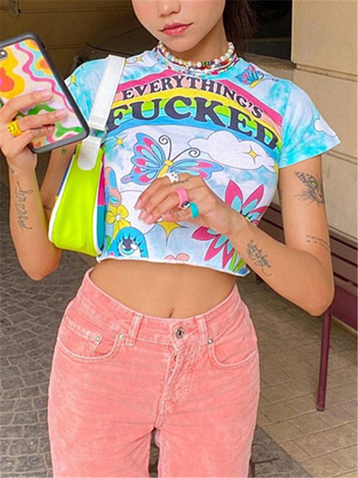 Women Stylish O Neck Rainbow Printed Crop Tops-xinru