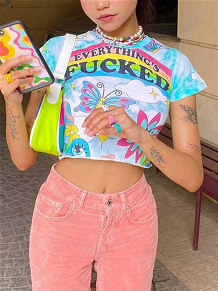 Women Stylish O Neck Rainbow Printed Crop Tops-xinru
